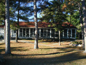 Main Lodge through pines